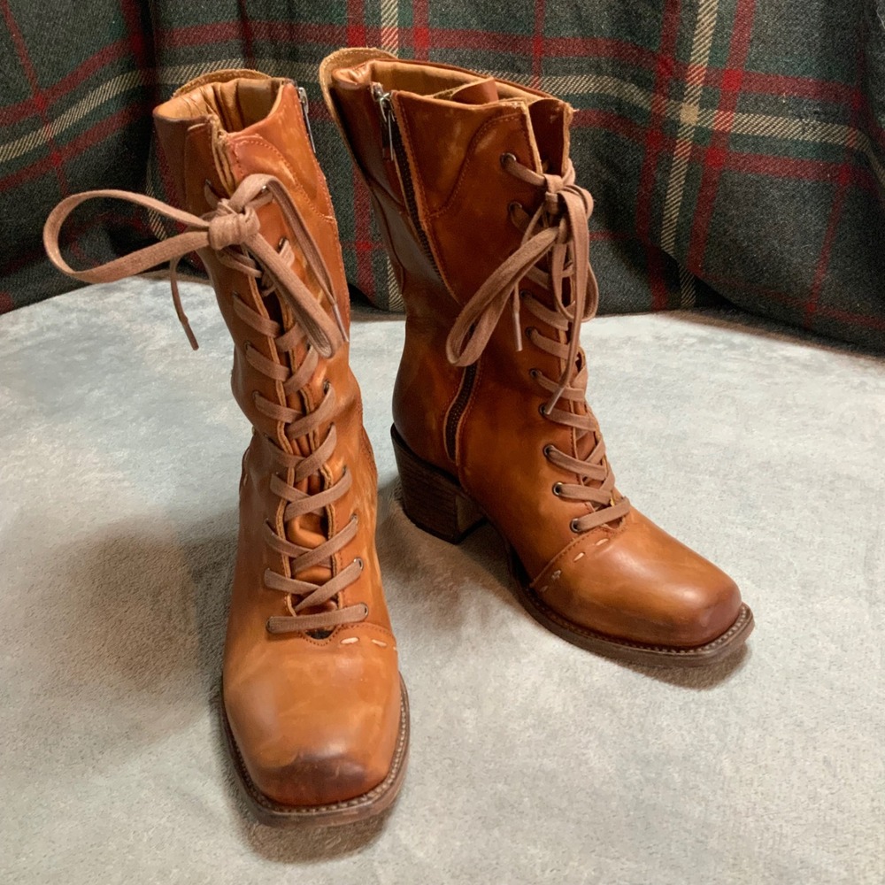 Freebird by Steven Dart Cognac Leather Lace Up Side Zip Boots Size 8 Women